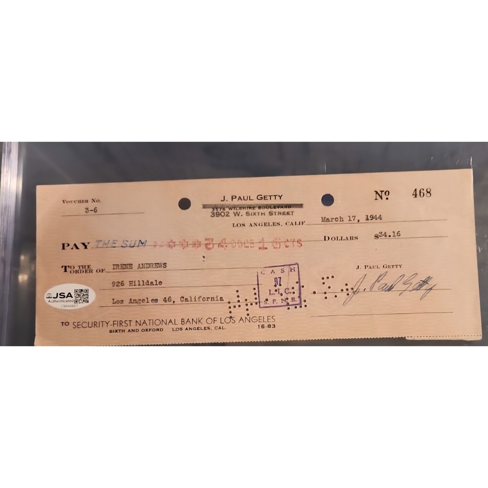 J. Paul Getty Signed 1944 Check with JSA Authentication, Historical Original